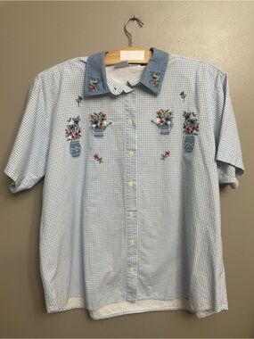 VTG Capacity gingham Embroidered Floral Shirt Women 3XL Padded Short Sleeve Y2k